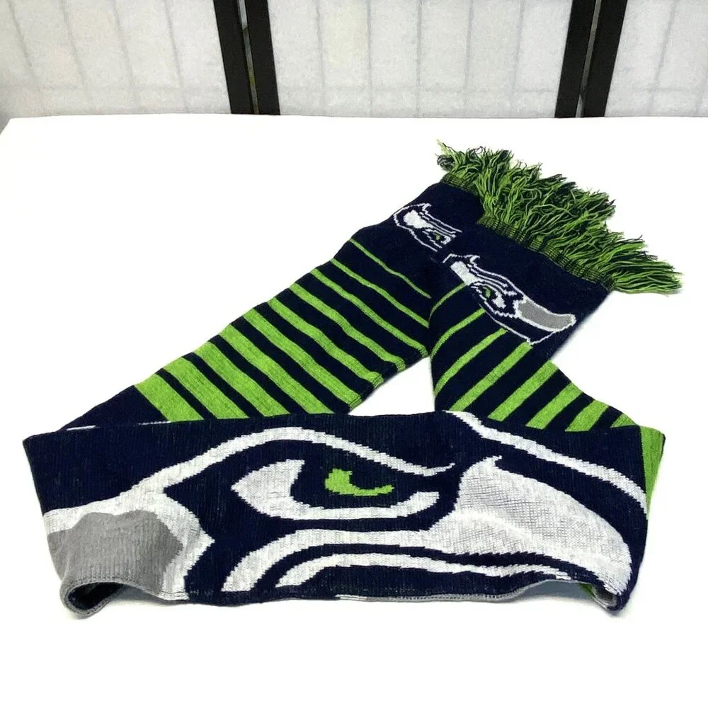 NFL Seattle Seahawks Double Side Stripe Sea Hawk Design Wrap Fringed Knit Scarf